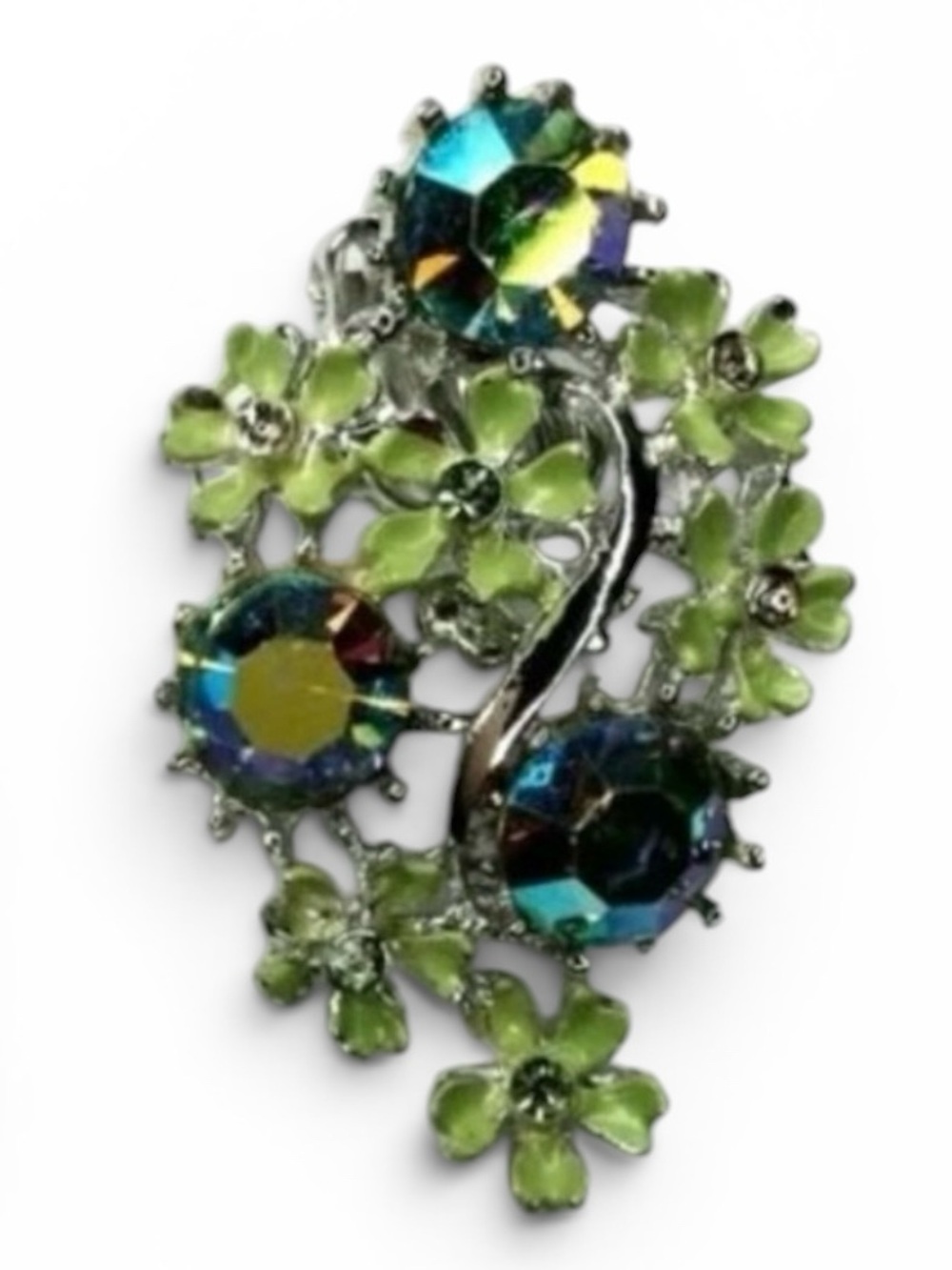 Vtg 1960s Silver‑Tone Paisley Clip‑On Earrings – AB Rhinestones & Enamel Flowers - Picture 7 of 12